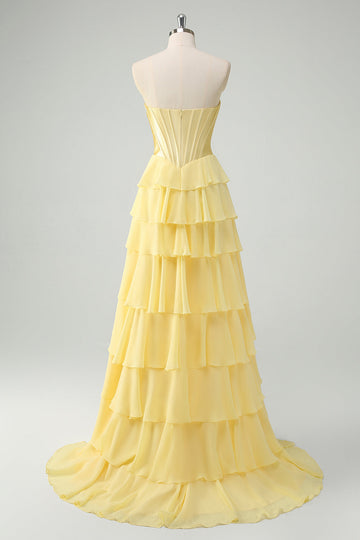 Yellow Sweetheart Ruffled A Line Long Prom Dress